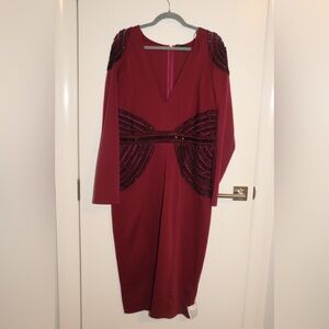 Red V-Neck Dolman Sleeve Knee-Length Sheath Dress